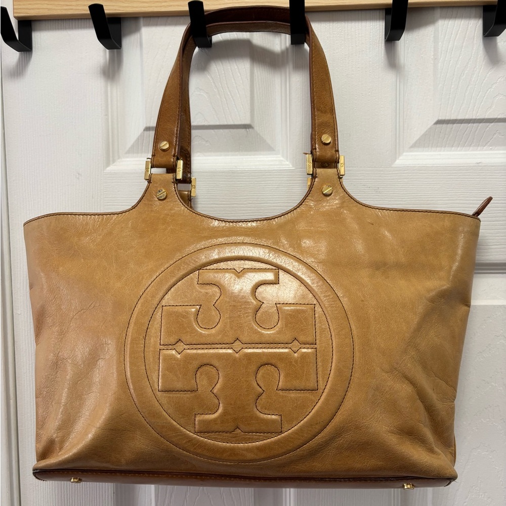 Tory Burch Bombe Glazed Leather Tote in Royal Tan EUC - Picture 1 of 16